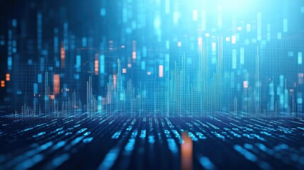 Abstract digital data visualization with glowing blue and orange vertical bars and matrix-style numerical patterns representing technology and information flow