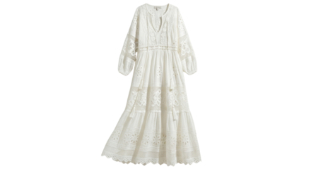 Elegant long white dress with lace details isolated PNG with Transparent Background