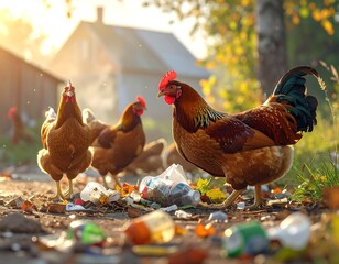 Polluted Rural Farmland With Chickens Searching For Food