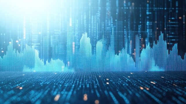 Digital cityscape made of glowing blue data lines and binary code, abstract futuristic technology and information network visualization - Powered by Adobe