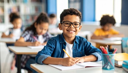Happy preschool boy wearing glasses sitting at table writing with pencil