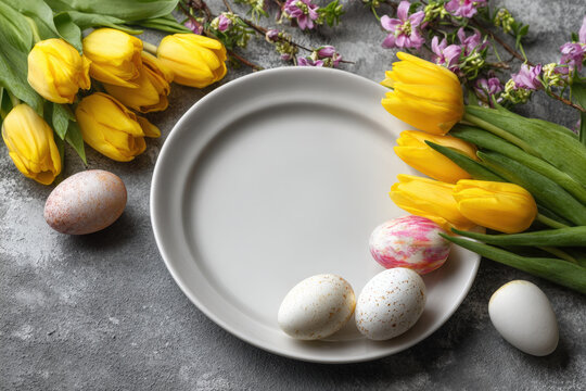 White ceramic plate on festive Easter table with colorful tulips and decorations