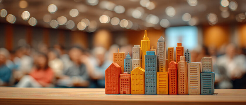 Business professionals watching a presentation with miniature eco city model on table