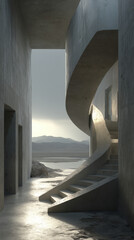 Obraz premium Concrete spiral staircase illuminated by natural skylight in minimalist interior