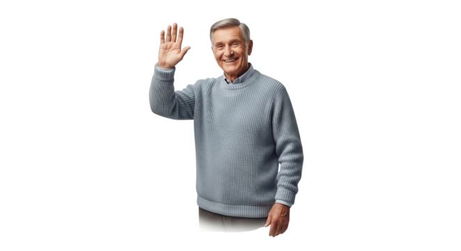 Smiling senior man waving hand isolated on transparent background