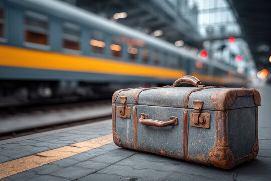 Vintage suitcase on train platform with blurred moving train symbolizing travel