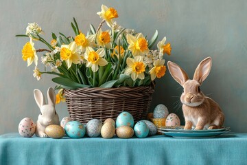 Easter-themed arrangement with a brown rabbit on a plate, a white decorative bunny, colorful speckled eggs, and a basket filled with yellow daffodils and white flowers on a blue cloth
