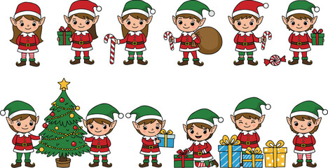 Christmas elves illustration, festive holiday characters, gift giving, candy canes, decorated tree, cheerful celebration, cartoon style, seasonal joy, winter fun