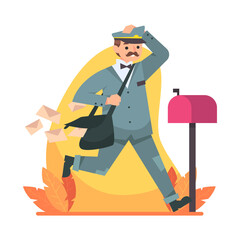 Illustration of a Mailman Running with Letters and a Mailbox on Transparent Background