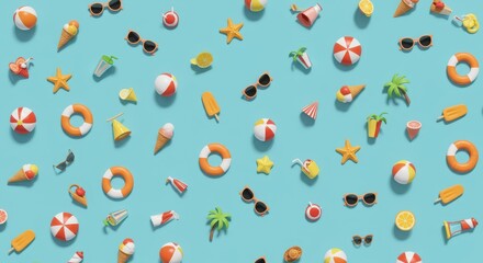 Flat lay summer vacation design with summer items on light blue background