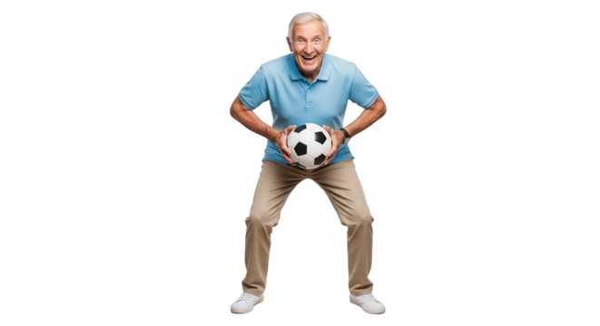 Excited elderly man holding a soccer ball, ready to play, isolated on transparent background