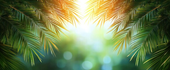 Sunlight shining through vibrant green palm leaves creating a peaceful and tropical atmosphere