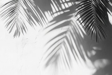 Obraz premium Soft shadows of palm leaves cast on a textured white wall creating a calm and peaceful atmosphere