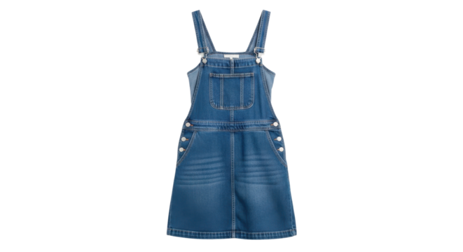Blue denim overall dress with straps isolated PNG with Transparent Background