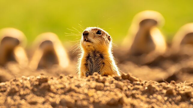 A prairie dog emerges from its burrow on a sunny day, surrounded by blurred background
