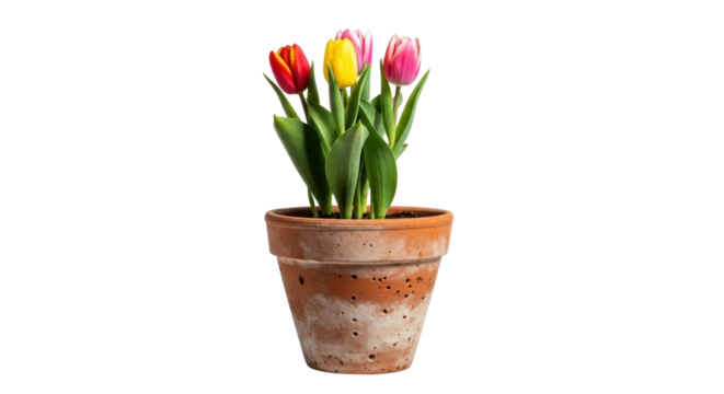 Colorful tulips in a rustic terracotta pot isolated PNG with Transparent Background