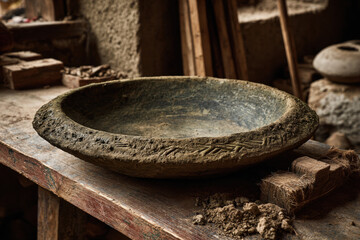 Fototapeta premium Handmade raw clay bowl with smooth surface on rustic wooden table