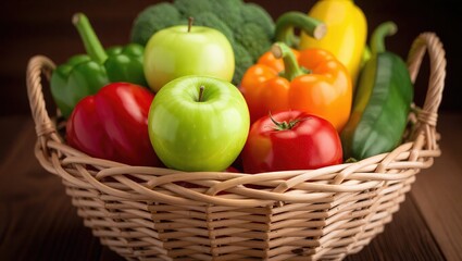 Woven Basket Overflowing with Fresh Apples, Peppers, Tomato, and