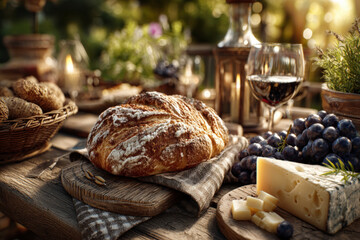 Fototapeta premium Outdoor picnic table with bread, cheese, fresh fruits, and wine in natural light