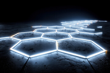 Futuristic hexagonal grid glowing with blue neon lines on dark metallic surface