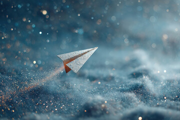 Paper airplane flying through a vibrant miniature cosmic starfield at night