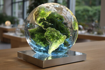Futuristic holographic globe displaying climate data in a modern lab setting