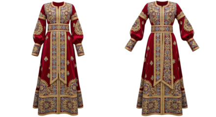 Elegant red and gold Moroccan caftan dresses for women isolated PNG with Transparent Background