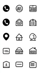 A collection of minimalist black and white icons representing various communication, location, and building symbols, ideal for digital interfaces and design applications.