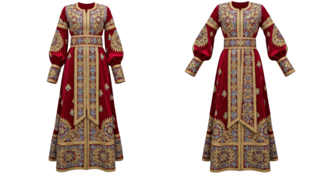 Elegant red and gold Moroccan caftan dresses for women isolated PNG with Transparent Background