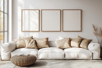Bright living room with large white sofa cushioned with beige pillows, wicker round coffee table on textured rug, three empty wooden picture frames on wall, natural daylight