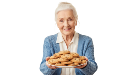 Elderly woman holding a plate of cookies, smiling warmly at the camera, isolated on transparent background
