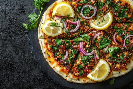 Close-up of a sliced flatbread topped with minced meat, fresh parsley, red onion rings and lemon wedges on a dark textured background, evoking freshness and savoriness