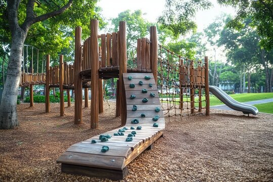 Wooden playground structure surrounded by trees with climbing wall, rope net, slide and natural mulch ground under bright daylight - Powered by Adobe