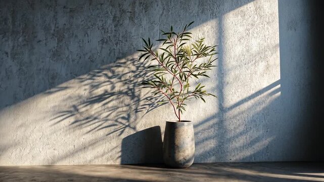 Shadow Play: A meticulously crafted minimalist still life showcasing a potted plant casting intricate shadows on a weathered wall. The image exudes a sense of calm and understated elegance.