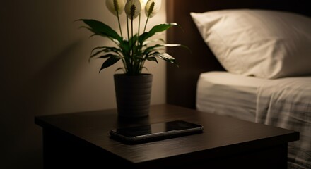 Smartphone on dark wooden nightstand beside bed with peace lily bedside table mobile phone