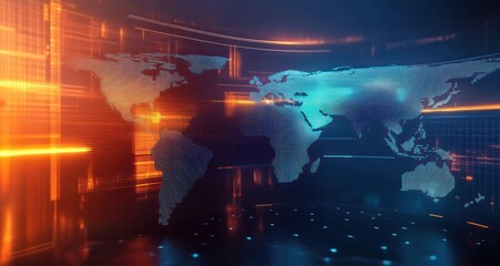 Digital representation of a world map with glowing blue continents and dynamic orange light streaks creating a futuristic technology environment