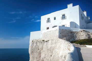 white building on a rocky cliff overlooking calm blue sea under clear sky on a sunny day
