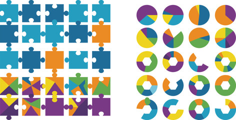 Puzzle pieces and pie charts, modular design elements, colorful data graphics, geometric shapes, infographic tools, visual segmentation, abstract concept art