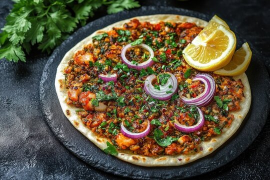 Flatbread topped with a colorful mix of minced vegetables and herbs, garnished with purple onion rings and fresh lemon wedges on a dark textured surface