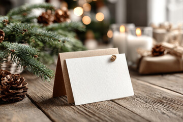Blank greeting card with envelope on festive holiday table with fir branches and candles