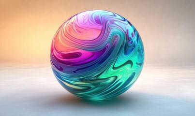 Glossy spherical object with swirling vibrant colors including blue, purple, pink, and teal on a smooth surface with soft warm lighting