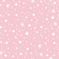 Pink and white hand drawn seamless pattern with sparkle stars.