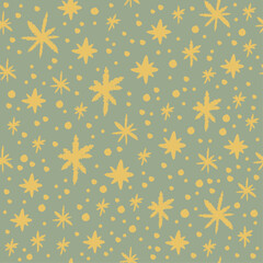 Green and gold hand drawn seamless pattern with sparkle stars.