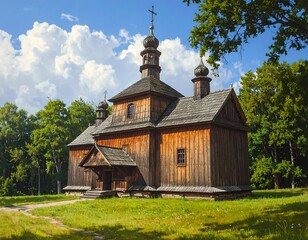Rustic Wooden Church in a Lush Forest Setting