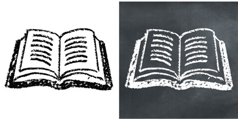 Chalk hand-drawn opened book vector. Ideal for education, reading, and storytelling themes. It captures a raw, sketchy feel with a textured aesthetic, perfect for creative and artistic designs.