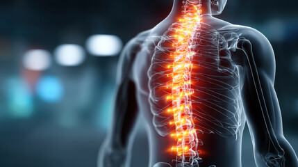 Futuristic medical scan of semi-transparent human torso with glowing spinal inflammation