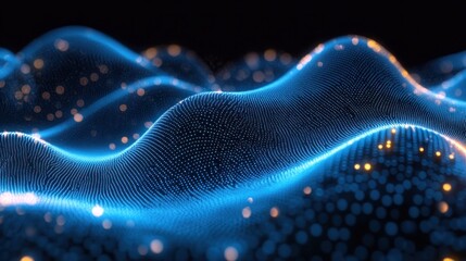 Glowing blue digital wave pattern with bright golden particles on a black background creating a futuristic and dynamic visualization of data flow