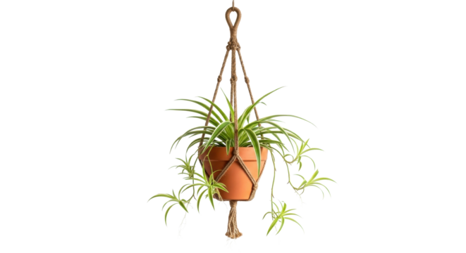 Spider plant potted in hanging macrame planter isolated PNG with Transparent Background