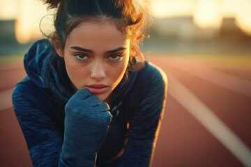 Focused young woman athlete in blue sportswear preparing for training on outdoor track during golden hour
