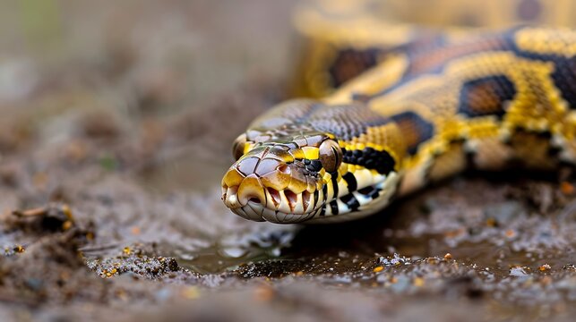 Closeup of a python snakes head with intricate patterns on its scales